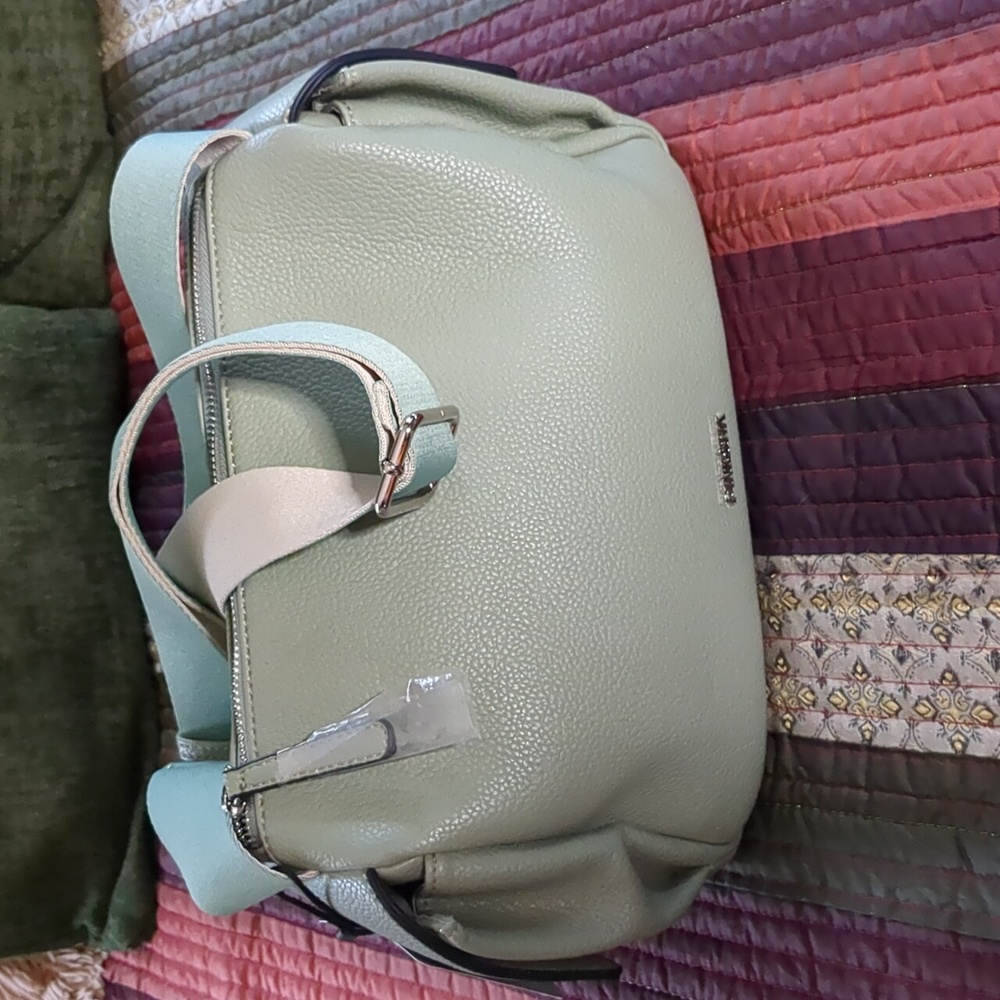 PINK STIX* sage green vegan crossbody adj. strap, dust bag zip top, 2 inside pkt